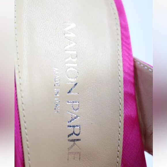 Revolve Marion Parke Lucia Fuchsia Pink Satin Rhinestone Buckle Heeled Sandals - Picture 7 of 10